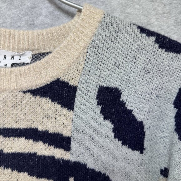THML Anthropologie Sweater Womens Medium Animal Print Boho Blue Cream Stretch - Picture 4 of 8